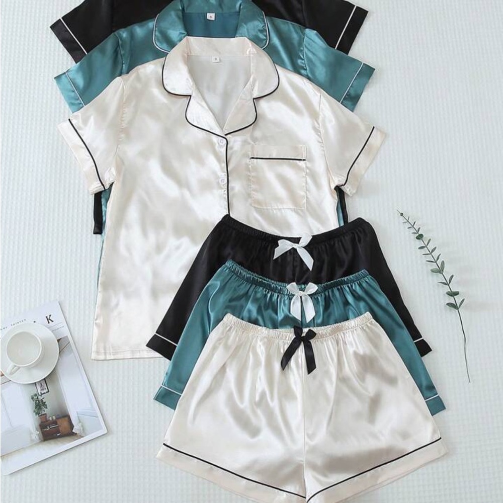 Women’s Satin Short Pajama Set - Cream, Teal & Black